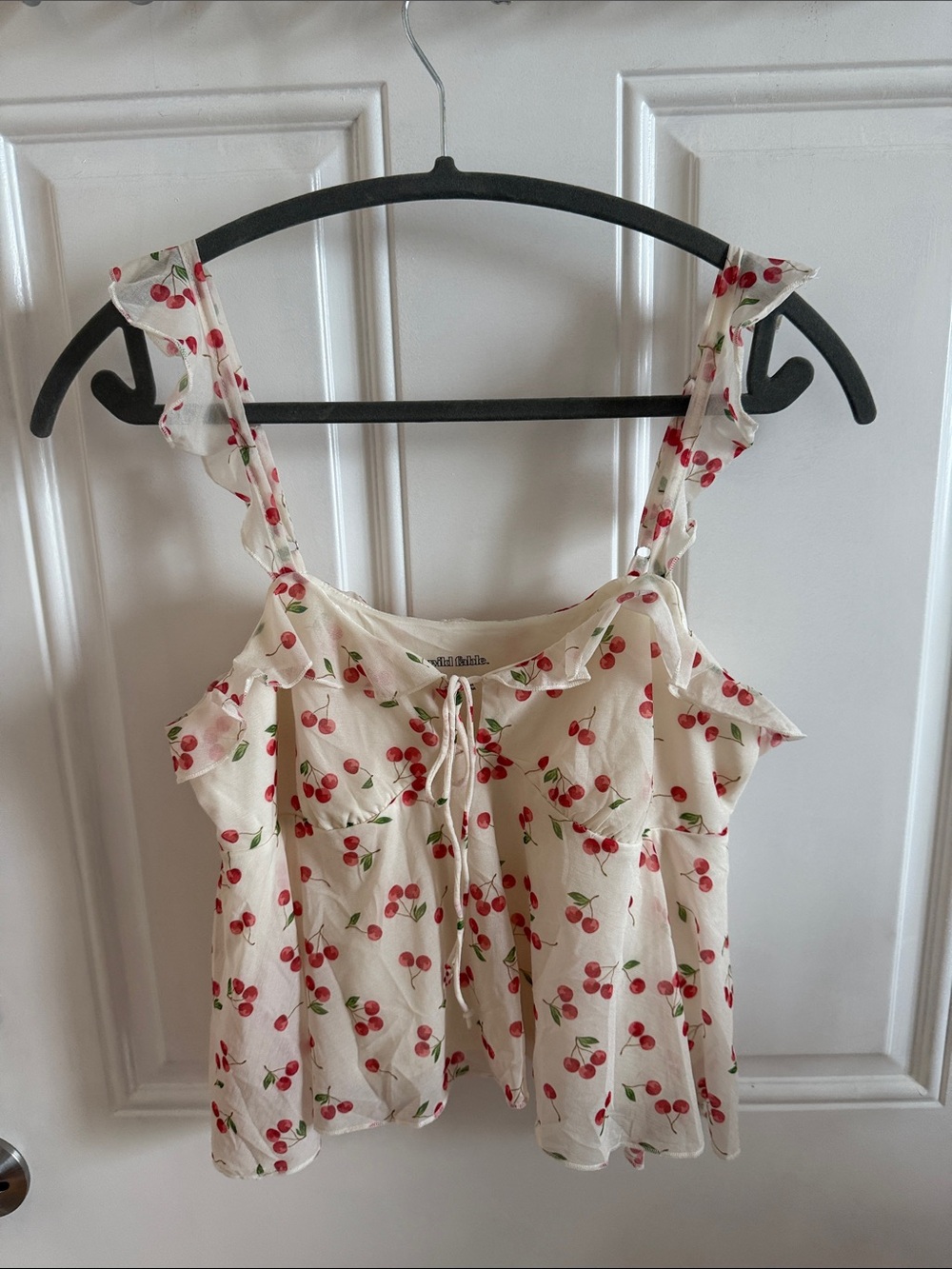 Cherry-Print Ruffle Tie-Front Tank Top - White